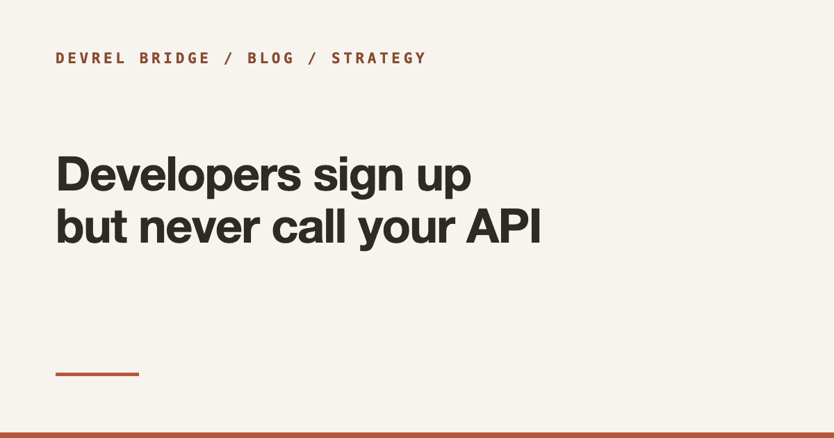 A funnel from signup to first successful API call, with the drop between key issued and first request highlighted