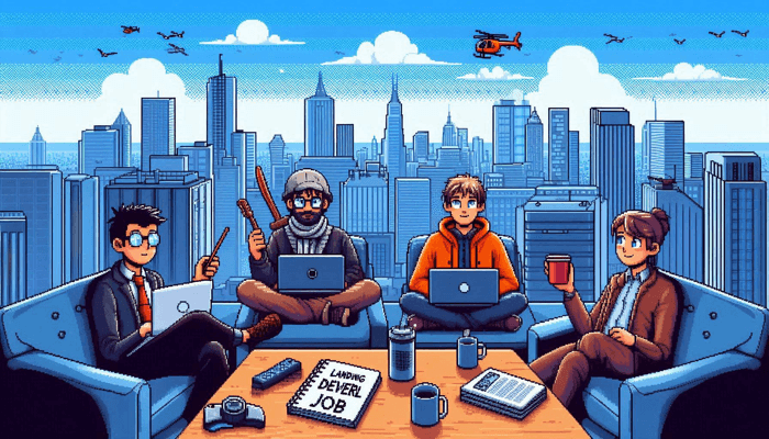 Four developers sitting down and coding while preparing for interviews