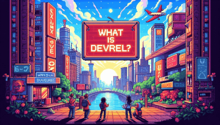 A pixelated image of three developers looking at a billboard that says what is devrel